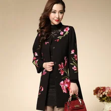 Осень-зима, новинка, женское шерстяные пальто, женское, черное, в национальном стиле, Сельма, цветочный принт, вышивка, длинное пальто, M до 4XL DA325