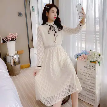 

2020 early spring new knee-length mid-length skirt temperament fungus color contrast led net yarn lace dress women