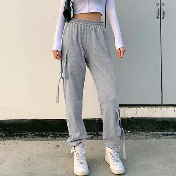 

Pockets Elastic Waist Sweatpants Female Full Length Gray Casual Joggers Women Outfit Spring Harem Pants Woman Fashion