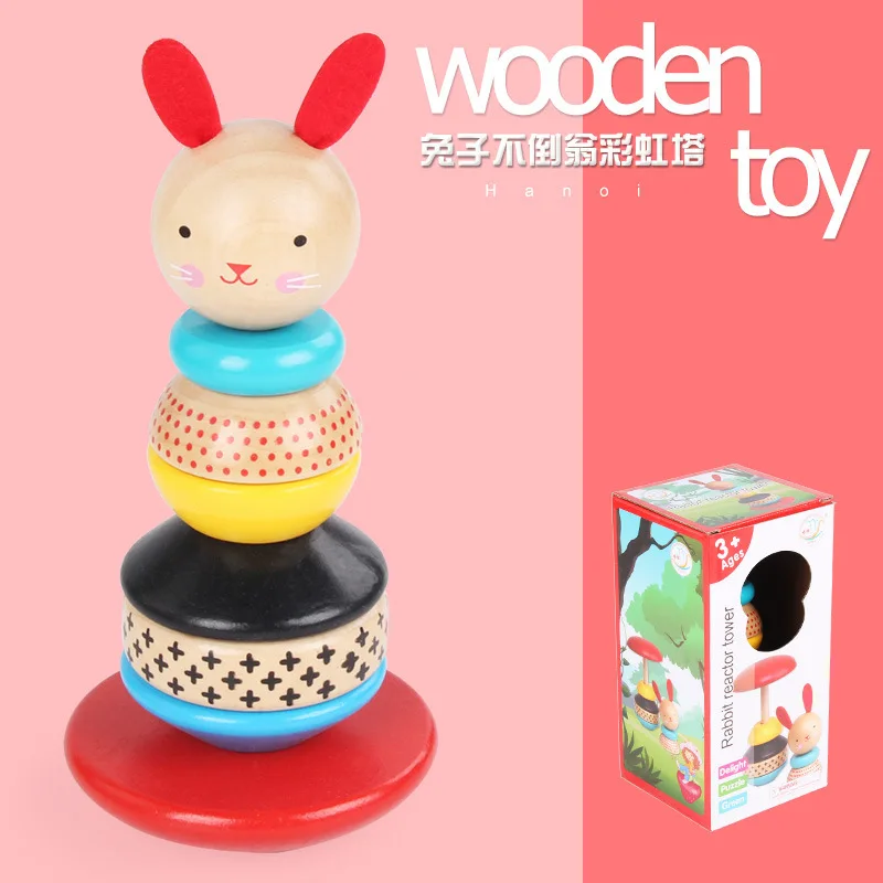 

Rabbit Rainbow Tower Tumbler Ring Jenga Montessori ENLIGHTEN Infant Child 0-1-3-Year-Old Educational Building Blocks Toy