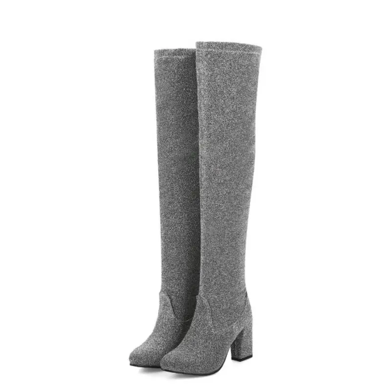 Серый Haoshen&Girl Women Over the Knee High Boots Sequi Special fabric Stretch boots High Heel Thin High Boots Winter Shoes Size 10.5 - Цвет: Серый