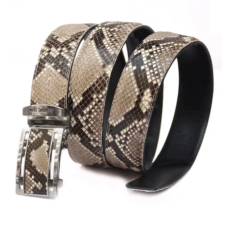 Auténtico Cinturón de piel serpiente auténtica de alta calidad con hebilla automática para hombre, exótico cinturón de cuero pitón auténtico para hombre, Correa elegante para la cintura|Cinturones de hombre| -