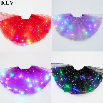 

Kids Girls Glitter Star Sequins Ballet Dance Tutu Skirt LED Light Up Neon Colorful Layered Tulle Short Dress Party Custom 3-12T