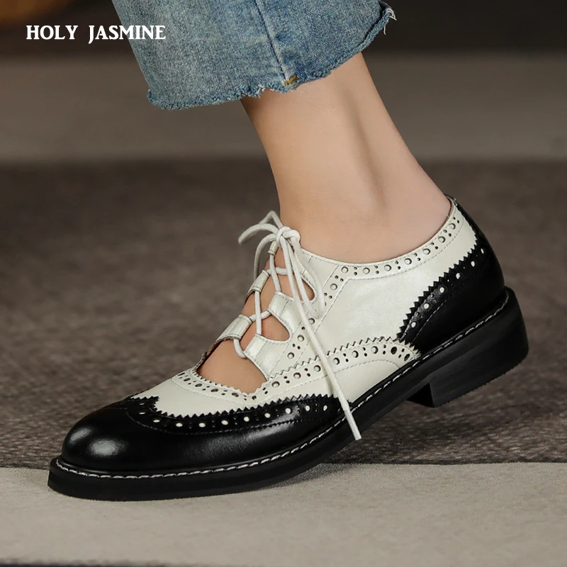 Women Genuine Leather Oxford Shoes Round Toe Black White Lady Lace Up Brogues Loafers Casual Shoes for Women Leather