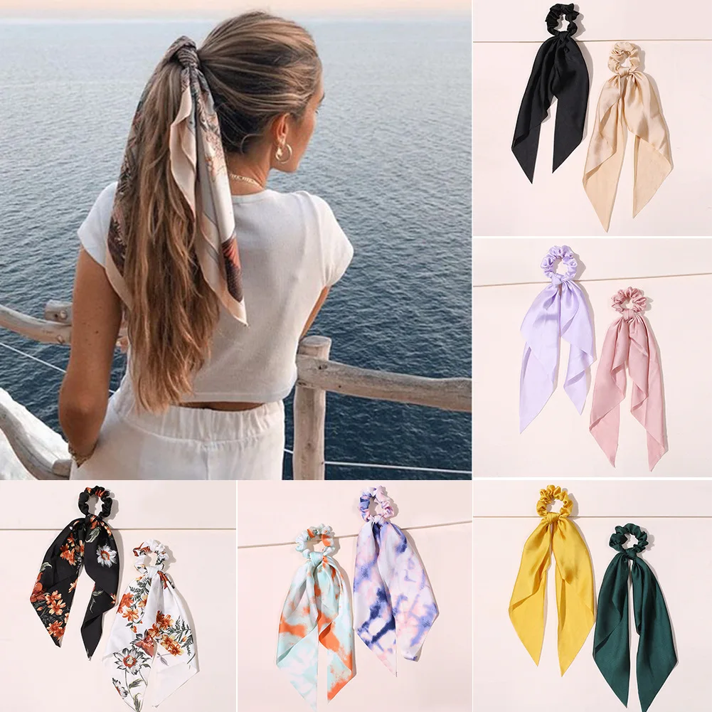 flower hair clips New Fashion Print Bow Scrunchies Hair Ribbon For Women Elastic Hair Band Girls Horsetail Hair Ties Hair Accessories small hair clips