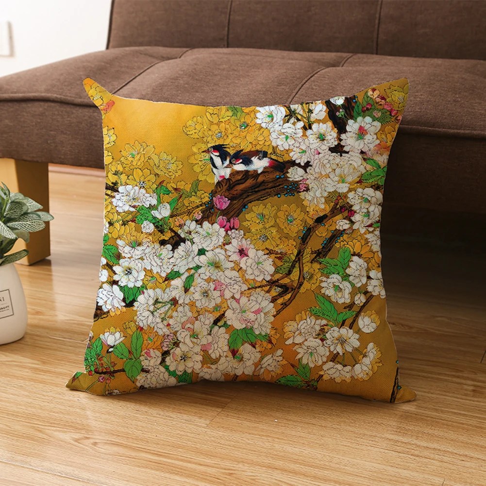 Linen Flower Bird Tree Throw Pillow Case Cushion Cover Home Sofa Cafe Car Decor Throw Pillow Cover Chinese Flowers Pillowcases