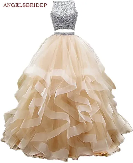 Fashion 2 Pieces Ball Gown Quinceanera Dresses Sexy Hollow Back Sparkly Beaded Crystal Sweet 16 Formal Princess Birthday Gowns
