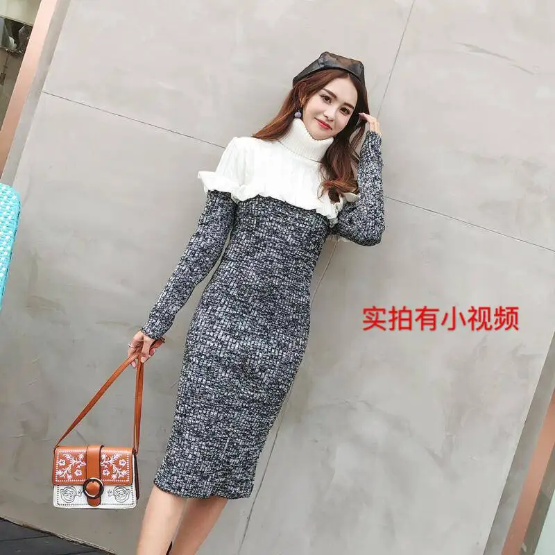 

Autumn And Winter Debutante Elegant Flounced Joint High Collar Pullover Slimming Sheath Slim Dress Thick Knitted Sweater