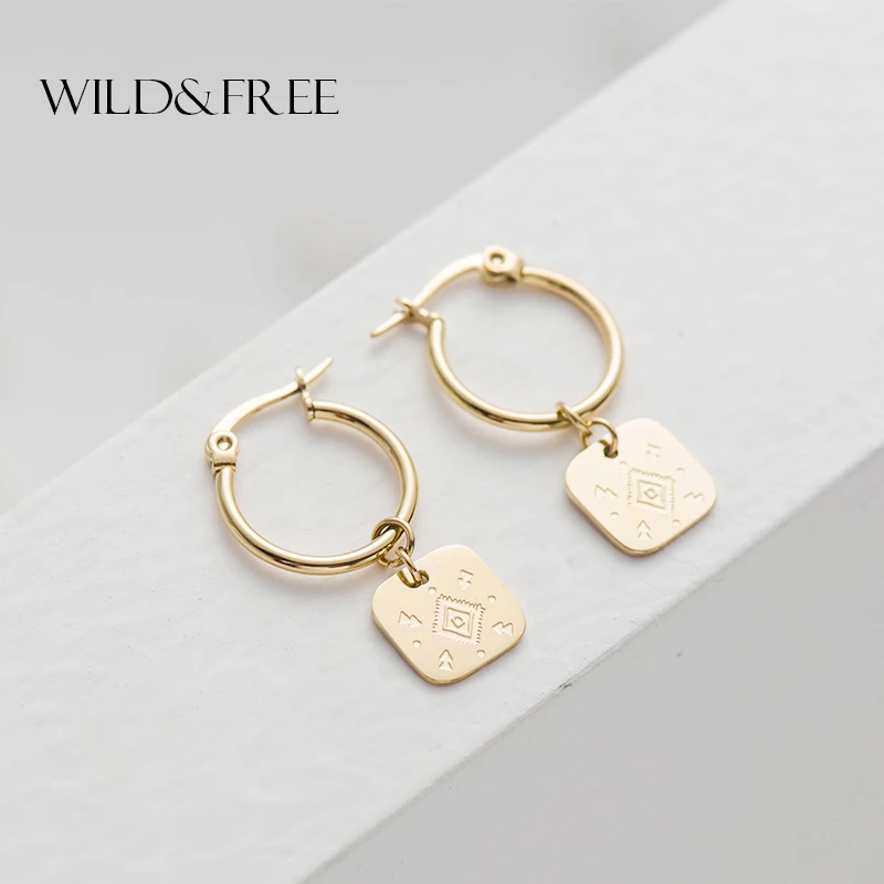 

Wild&Free Fashion Stainless Steel Small Circle Hoop Earrings Gold Geometric Charming Pendant Hoop Earring For Women Girls