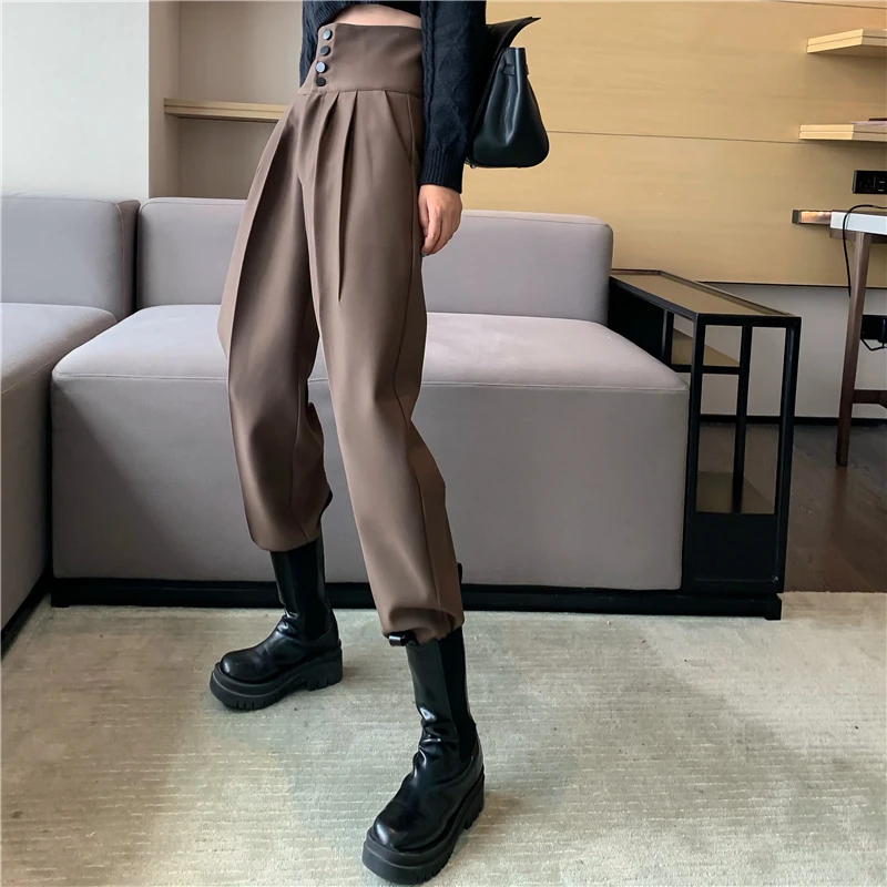 khaki pants YUANYUANJYCO Spring Autumn Women Long Casual Harem Pants Korean Style Fashion High Waist Buttons Khaki Black Cargo Trousers black cargo pants