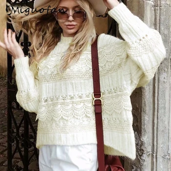 

Miguofan sweaters turtleneck pullovers hollow out women white sweaters batwing long sleeve female tops autumn elegant jumpers