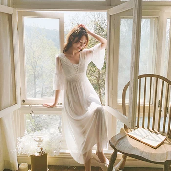 

Fashion short flare sleeves vintage gauze nightgowns sexy front back V-neck long style lace night dress for women