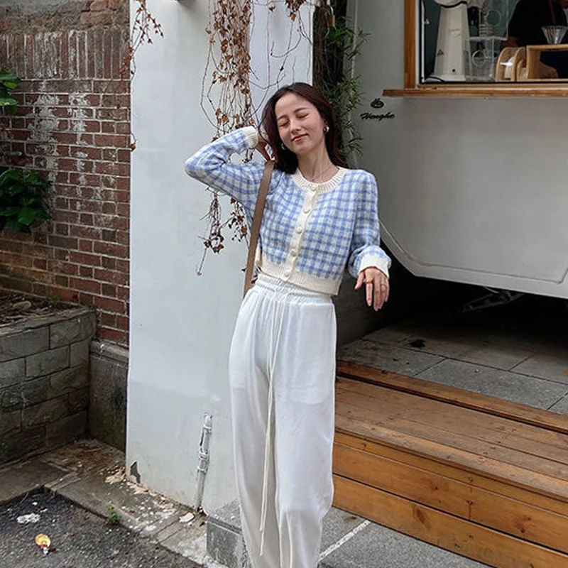 Cárdigan corto retro de cintura alta para mujer, Jersey cálido con tablero de ajedrez a cuadros, nuevo modelo de otoño