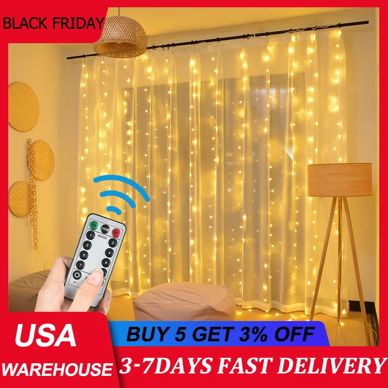 

3M LED Fairy Light Christmas Decoration Curtain Garland on the Window USB Remote Control Hanging Holiday Strip Lights Home Decor