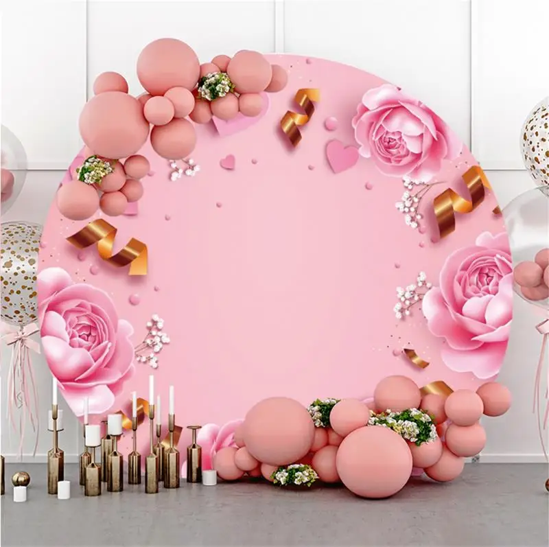 

Laeacco Pink Rose Flower Love Birthday Party Valentine's Day Decor Round Backdrop Photographic Photo Background For Photo Studi