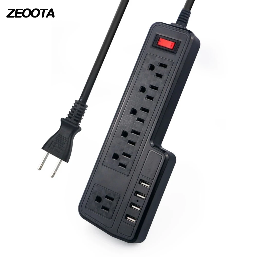 

Multiple Power Strip 6 Outlets US Plug overload Surge Protector 4 Quick USB Charging Station Socket with 2m Extension Cord Black