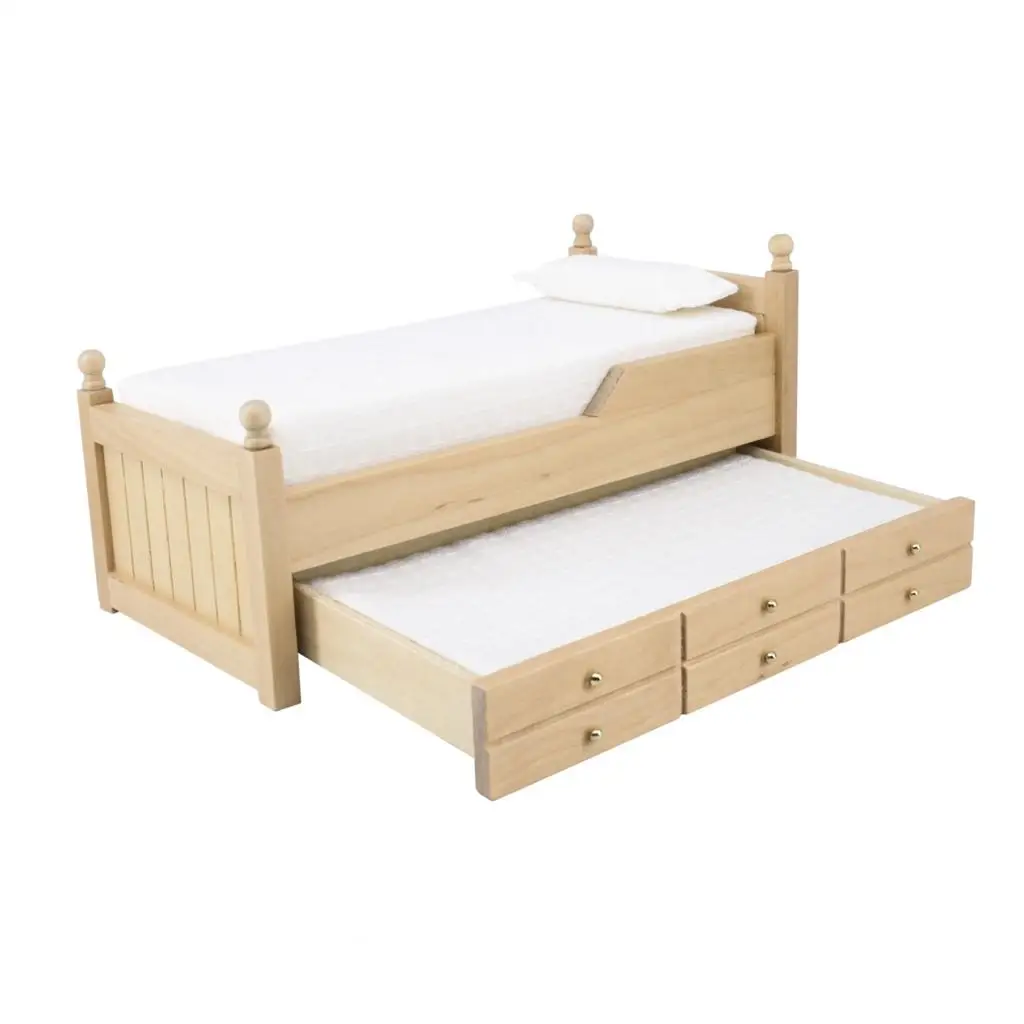 Wooden Dollhouse Bed, with Mattress, Dolls House Accessories, 1/12 Scale Dollhouse Miniatures Furniture
