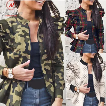 

Fashion Women Spring Autumn Coat Irregular Design Zipper Ruffles Decor Stand Collar Long Sleeve Leopard Plaid Print Slim Jacket