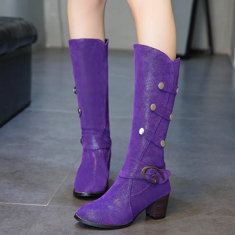 

Rimocy Womens Pu Waterproof Knee High Boots Metal Rivet Buckle Chunky Heels Purple Boots Woman 2019 Plus Size 34-48 Ladies Shoes
