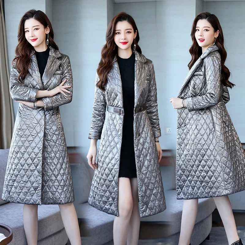 

Solid Color Simple Slim Fit Corset 2018 Autumn And Winter Fold-down Collar Simple Long Sleeve Long Cotton Overcoat