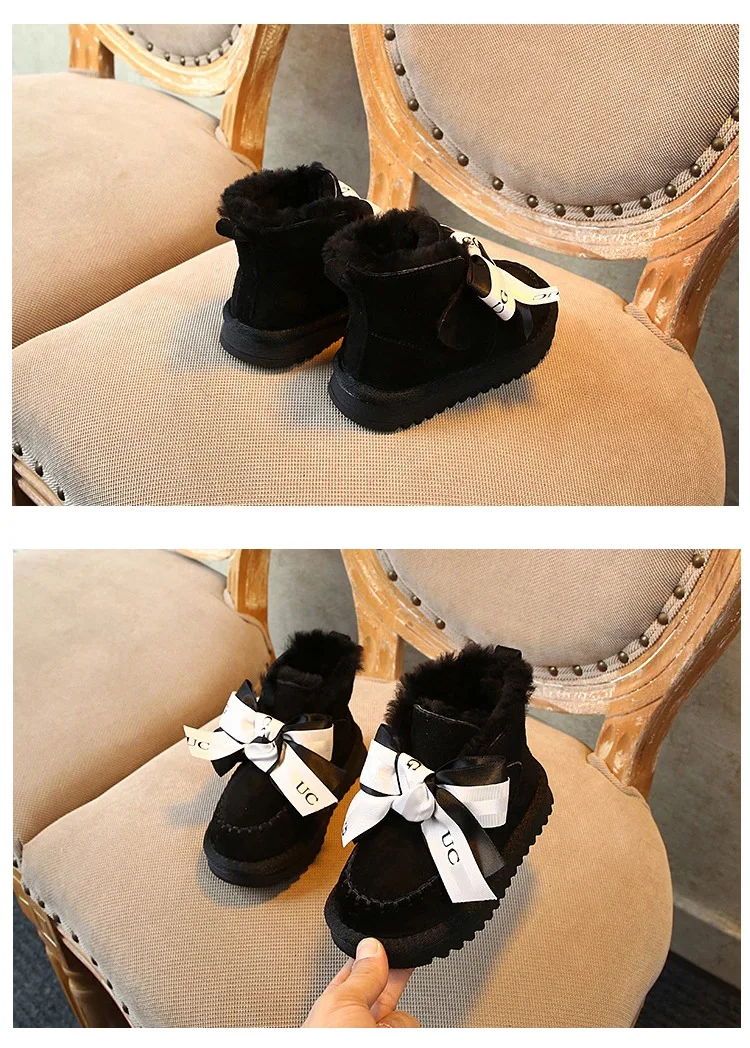 Зимние ботинки для девочек; Новинка года; зимняя детская хлопковая обувь с бантом; модные ботинки принцессы; бархатные теплые ботинки