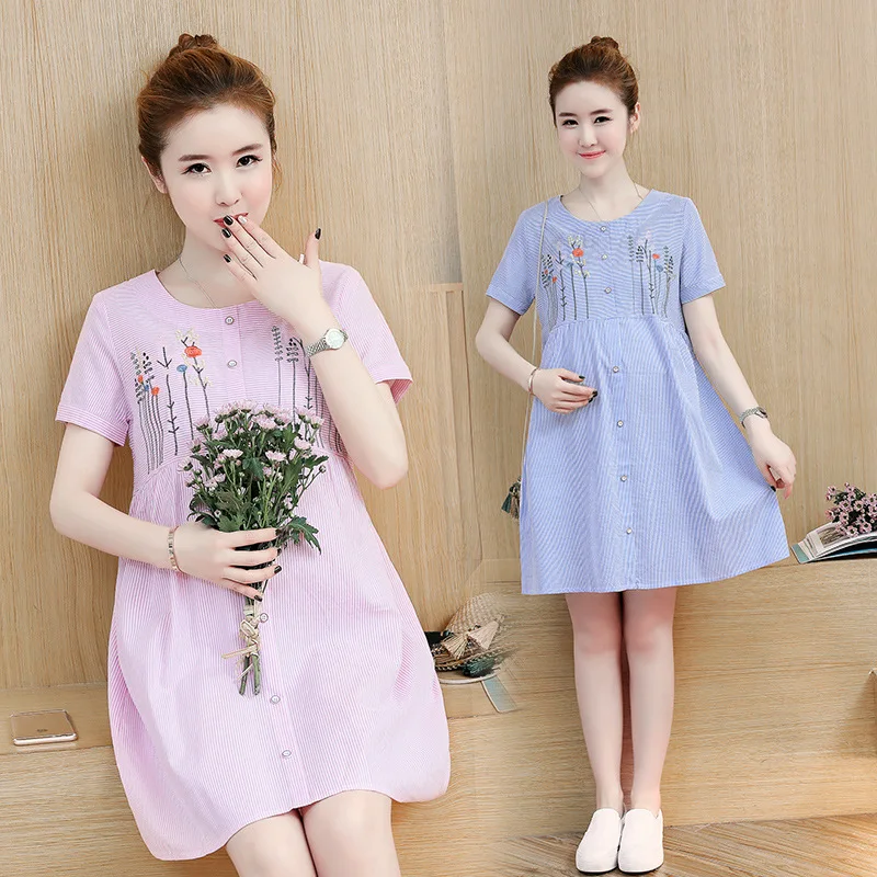 

Maternity Clothes 2019 Summer New Style Korean-style Stripes Embroidered Loose And Plus-sized Mid-length Pregnant Women Dress