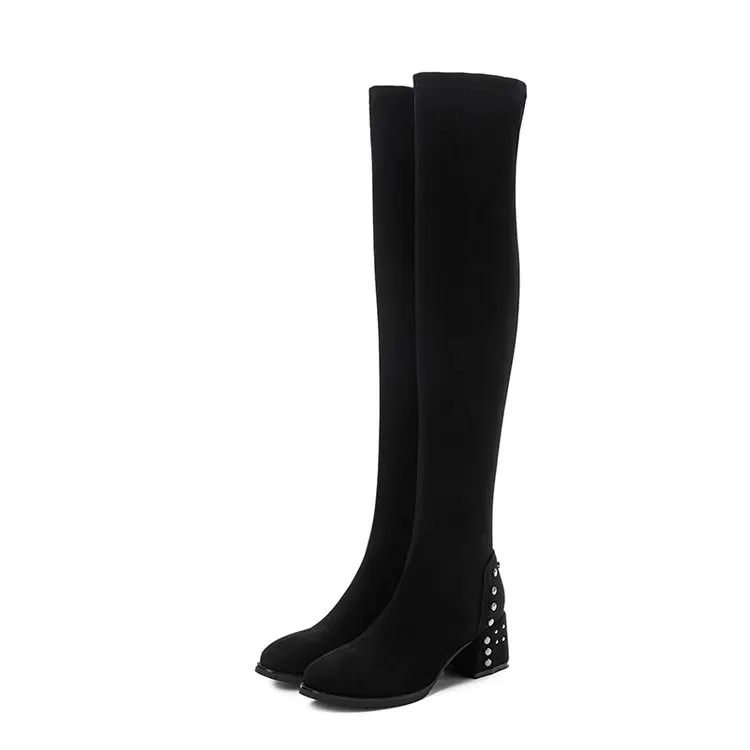Женские ботфорты на толстом высоком каблуке; зимняя обувь; облегающие эластичные высокие сапоги до бедра; женские черные высокие сапоги; - Цвет: Черный