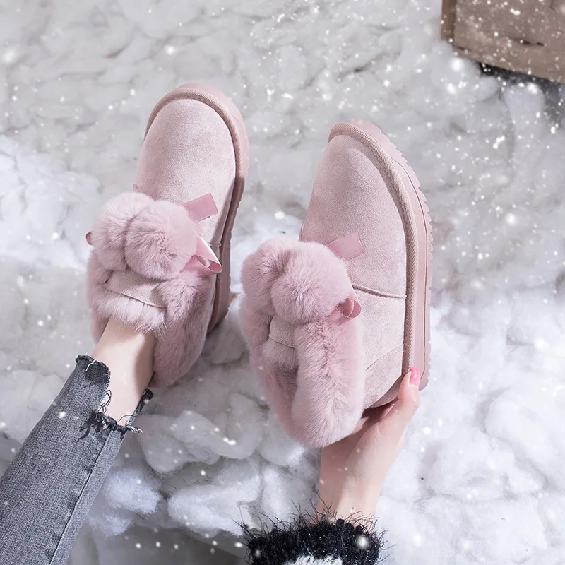 Женские ботинки; женские зимние ботинки; теплые зимние ботильоны из замши с плюшевой подкладкой, бантиком и мехом, на плоской подошве, без застежки; женская обувь; модные K11-13