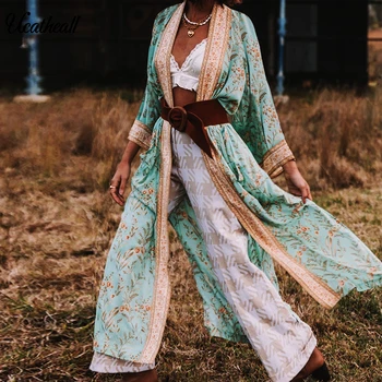 

Long Kimono Mujer Women's Blouse Fashion Boho Print Sunscreen Sheer Loose Summer Cardigan Beachwear Cover Up Blusas Mujer