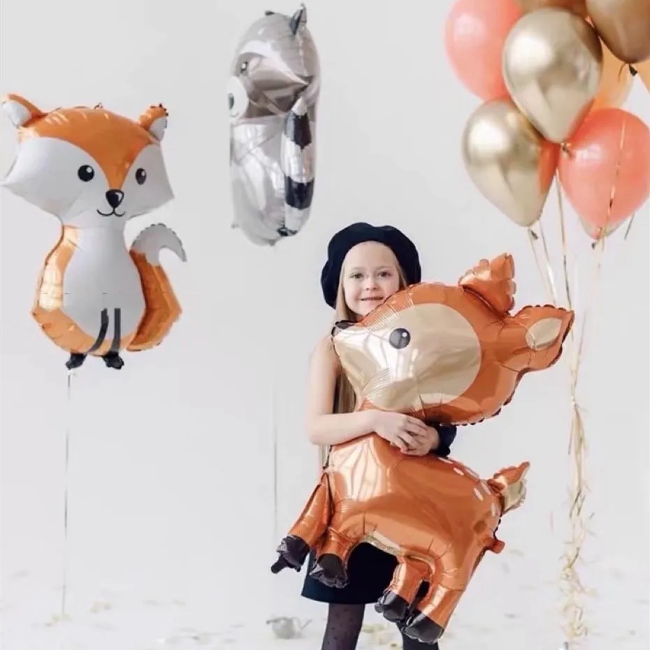 2pcs Jungle Deer Raccoon Animal Foil Balloons Birthday Woodland Forest Theme Party Decor Retro Brown Latex Balloon Baby Shower |
