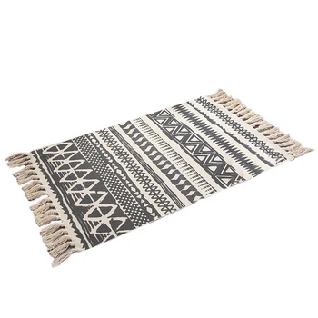 

HOT-Retro Bohemian Hand Woven Cotton Linen Carpet Rug Bedside Rug Geometric Floor Mat Living Room Bedroom Carpet Home Decor