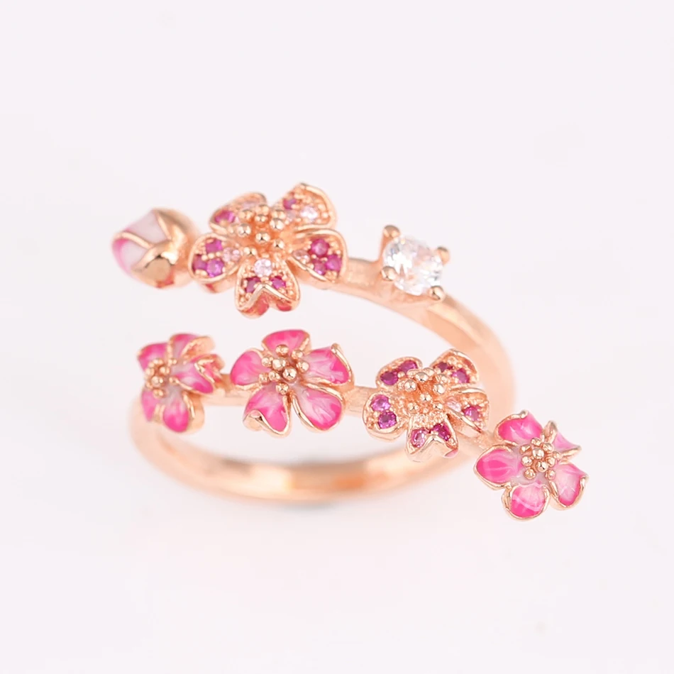 Silver Rose Ring S925 Authentic Enamel Peach Blossom With Crystal For Women Wedding Party Gift