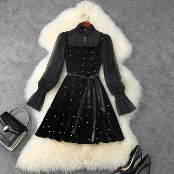

2020 NEW Superior Quality Lace Velvet Dress Women Autumn Flash Diamond Mini Party Dress Winter Casual Long Sleeves Mesh Dresses
