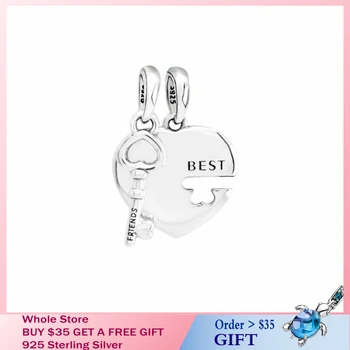 

New Arrival 925 Sterling Silver Beads,Best Friends Heart & Key Charms fit Original Pandora Bracelets Women DIY Jewelry