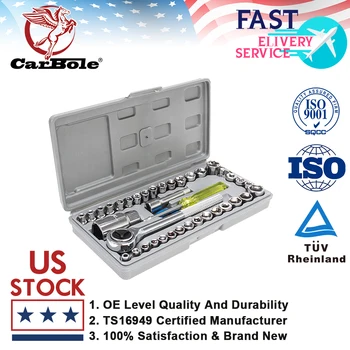 

Carbole 40Pcs Standard SAE Metric Socket 1/4'' & 3/8" Drive Ratchet Wrench Repair Set Triple chrome plated to resist rust