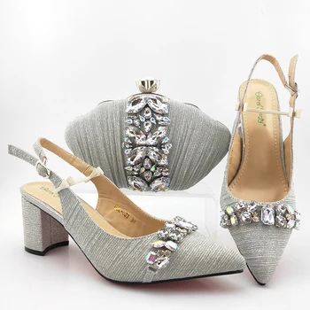 

New party high heel Italian design pointed toe shoes and bag set with stones QSL-023 in sivler , heel height 7.5cm
