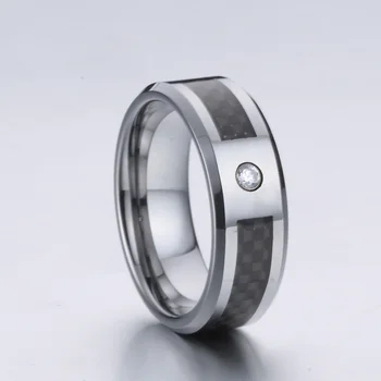 

Cool Tough Guy Man Black carbon fiber 8mm tungsten ring with stone Marriage wedding band couple rings for men