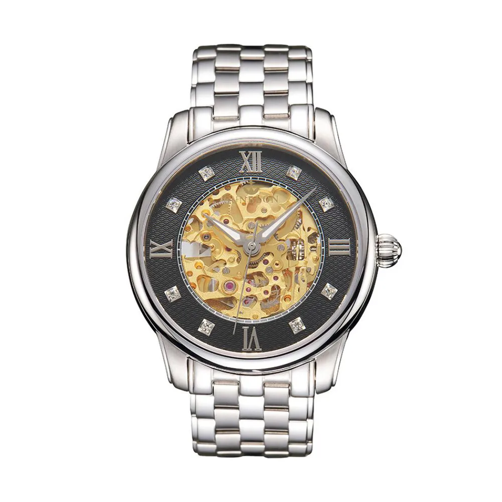

SUNBLON S510 Men's Stainless Steel Mechanical Hollow out all Watch Gold Movement