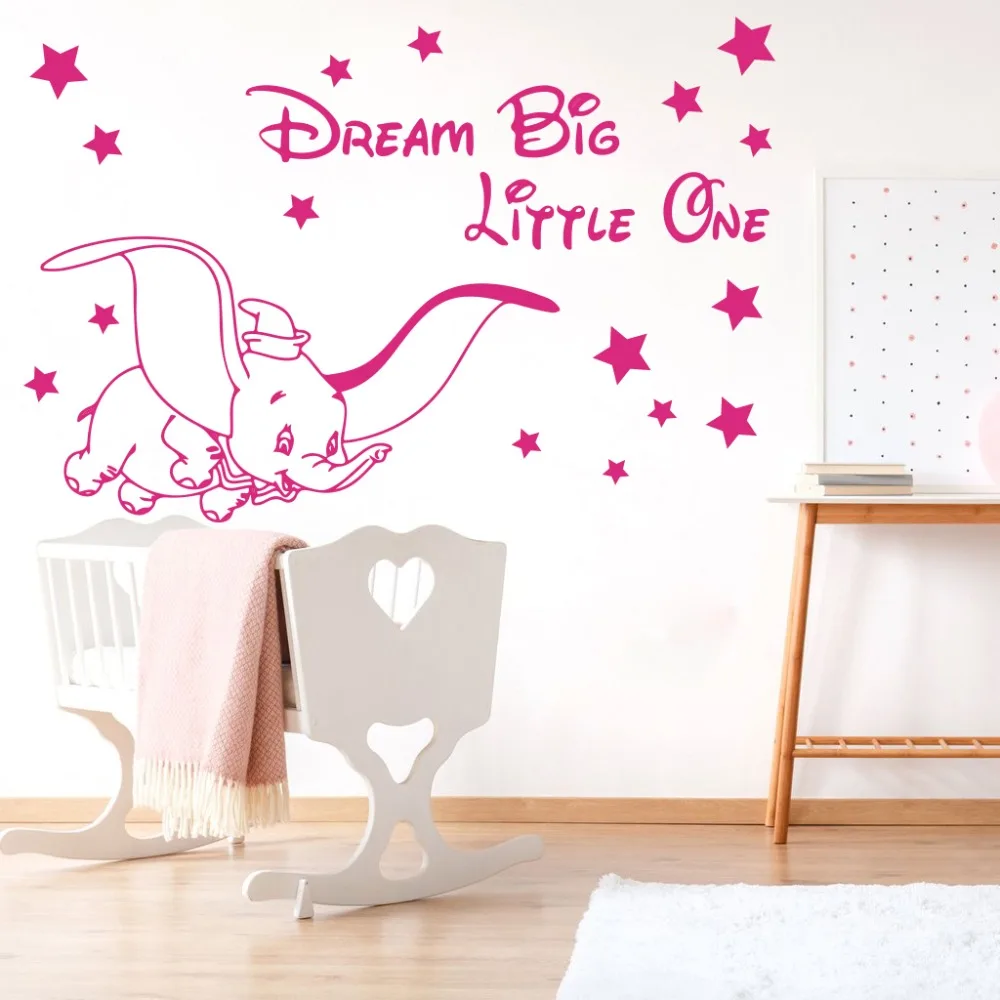 Cartoon Dream Big Little One Fly Dumbo Elephant Wall Decal Kids Room Dumbo Animal Elephant Inspirational Quote Wall Sticker  (6)