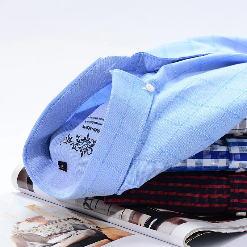 New Men s Long Sleeve Shirt Oxford Fabric Cotton Printed Comfortable Slim Plaid Striped Collar Business 4