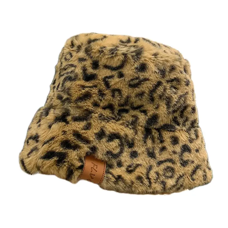New Women Winter Fluffy Plush Bucket Hat Leopard Printed Harajuku Warm Fisherman Cap - Цвет: B