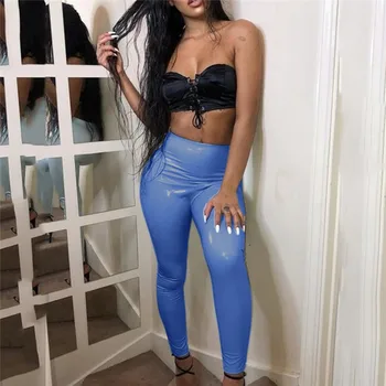 

hirigin casual womens High Waist Mat Wet Look Latex Faux Imitation solid Leather Full Length Pants fot female ladies new fashion