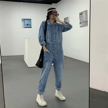 

2019 Autumn Fashion Cow Lady Best Long Sleeve Casual Jeans Overalls Clothing Stylish Hipster Cargo Denim Rompers Woman