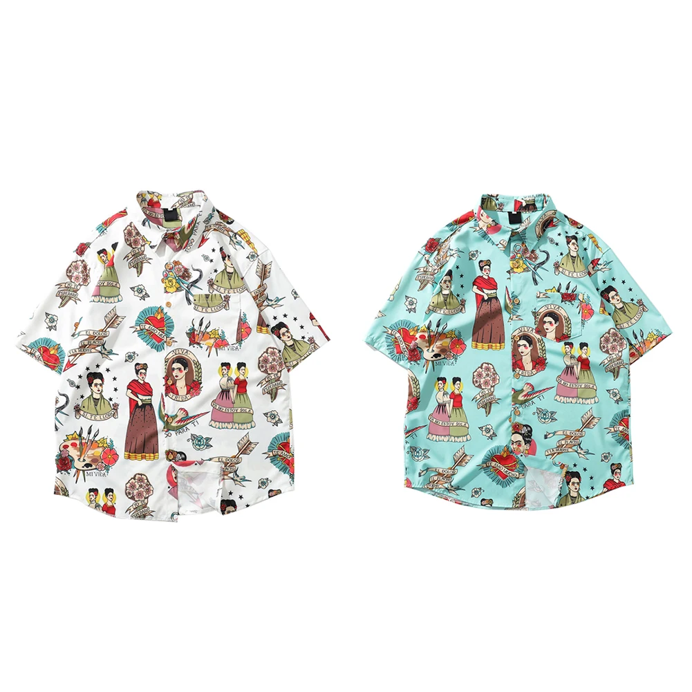 Новая пара Гавайских пляжных рубашек мужские летние с коротким рукавом Ретро Печать свободные рубашки для отпуска женские лацканы Ins Свободная рубашка