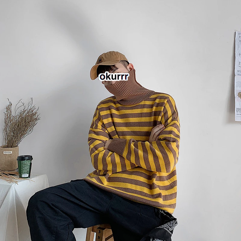 UYUK2109 Autumn And Winter New Casual Loose Fashion Trend Quality High Collar Striped Knit Men's Sweater Clothes Hombre