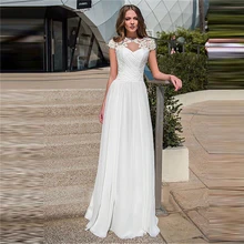 

Lace O Neck Wedding Dresses 2022 Cap Sleeves Pleats Countryside Illusion Bridal Gowns Corset Back Beaded Waist Princess Chiffon