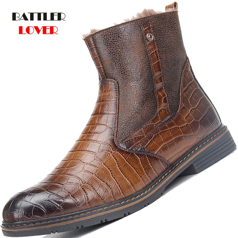 Men Crocodile Leather Boots Casual Motorcycle Winter Fur Botas for Hombre Elegent Basic Snow Warm Footwear Outside Biker Shoe