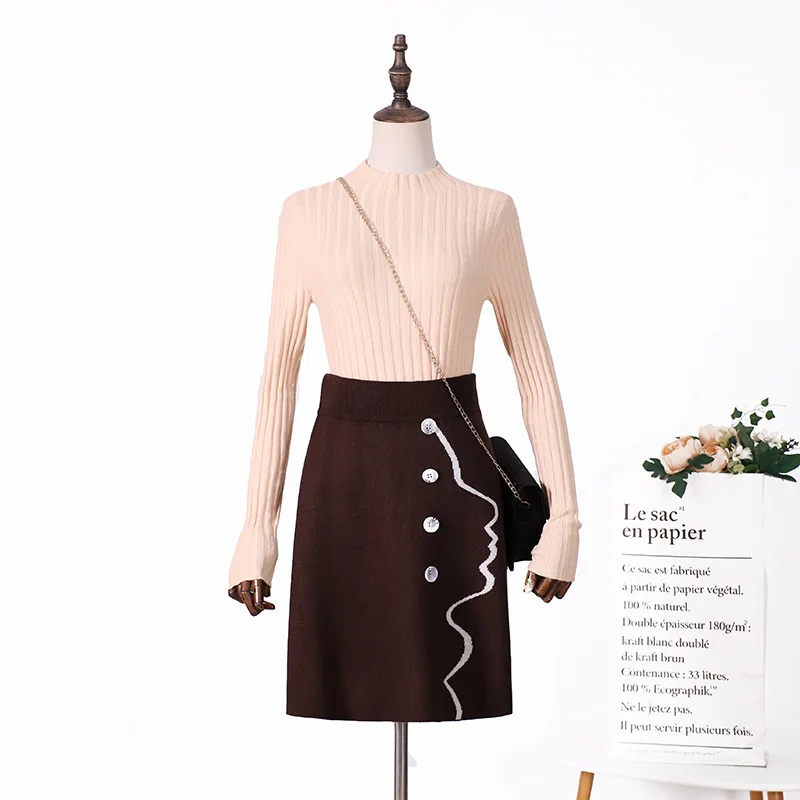 Зимняя элегантная женская трикотажная юбка осень женская вязаная Ретро черная гофрированная пуговица трапециевидная бедра юбки женские - Цвет: coffee