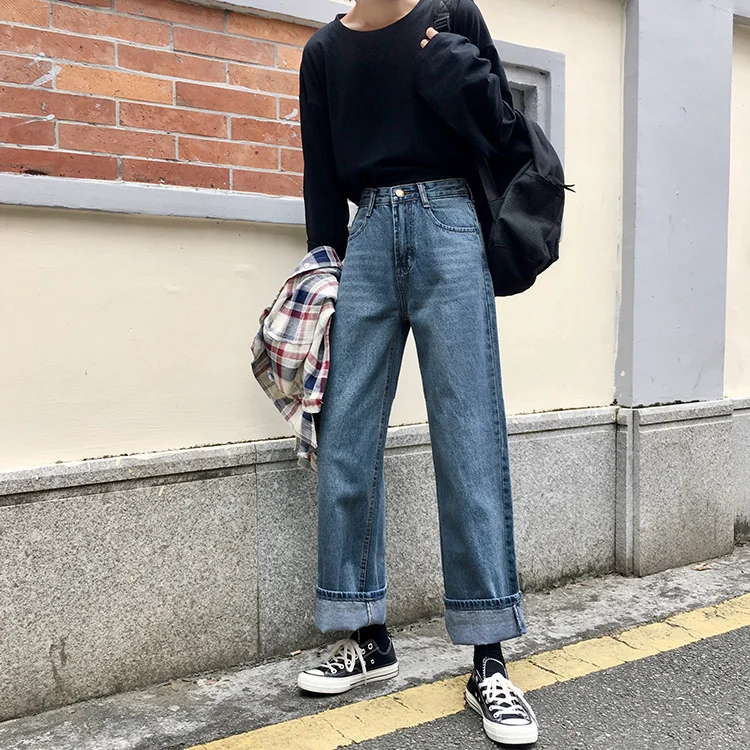 Spring And Autumn New Style Korean-style Slimming High-waisted Loose Straight Jeans First Love Pants Student Wide-Leg Trous
