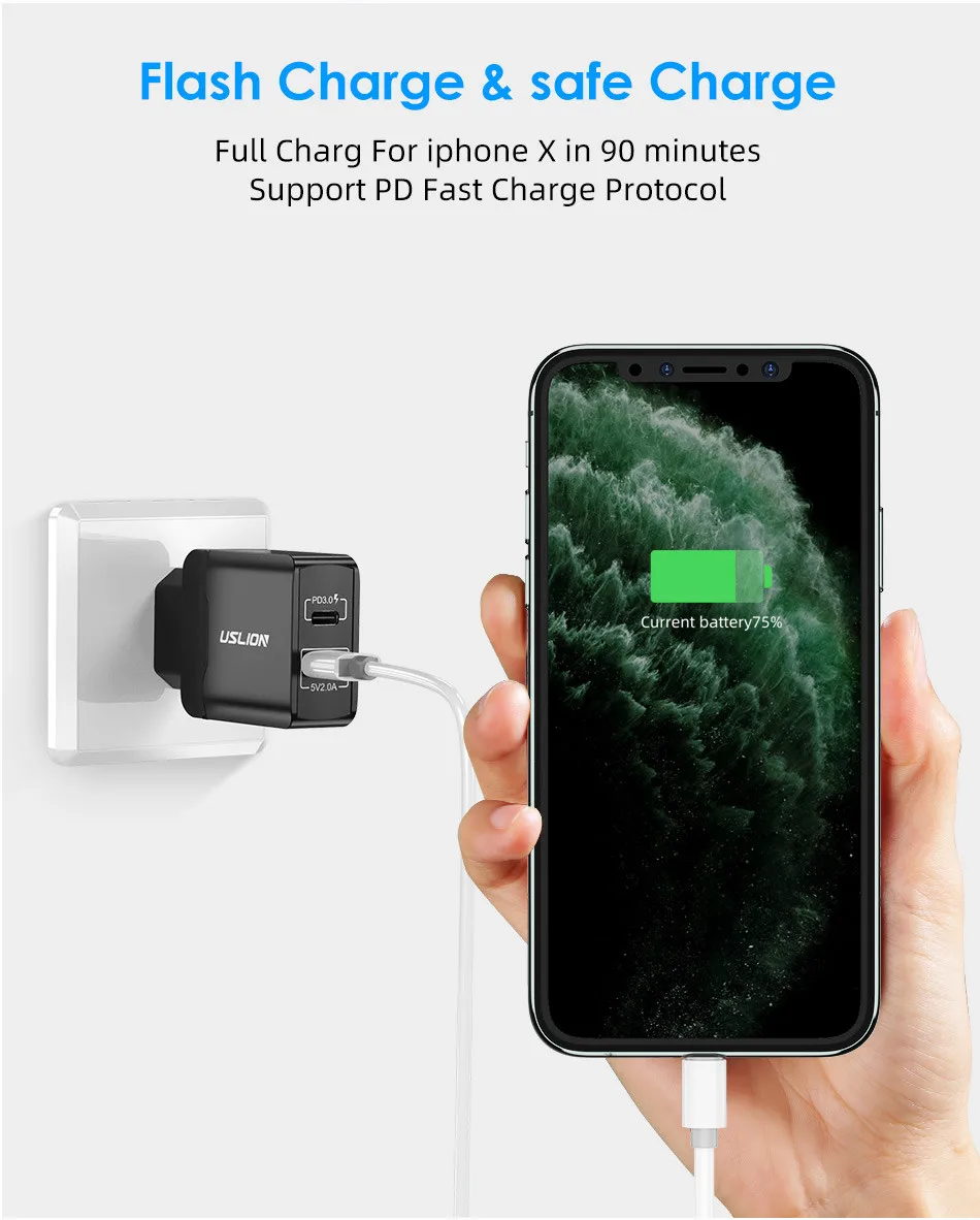 USLION PD3.0 USB зарядное устройство с европейской вилкой, настенное зарядное устройство для мобильного телефона s для iPhone 11 Pro Max X XR 7 8 samsung Xiaomi huawei, быстрая зарядка